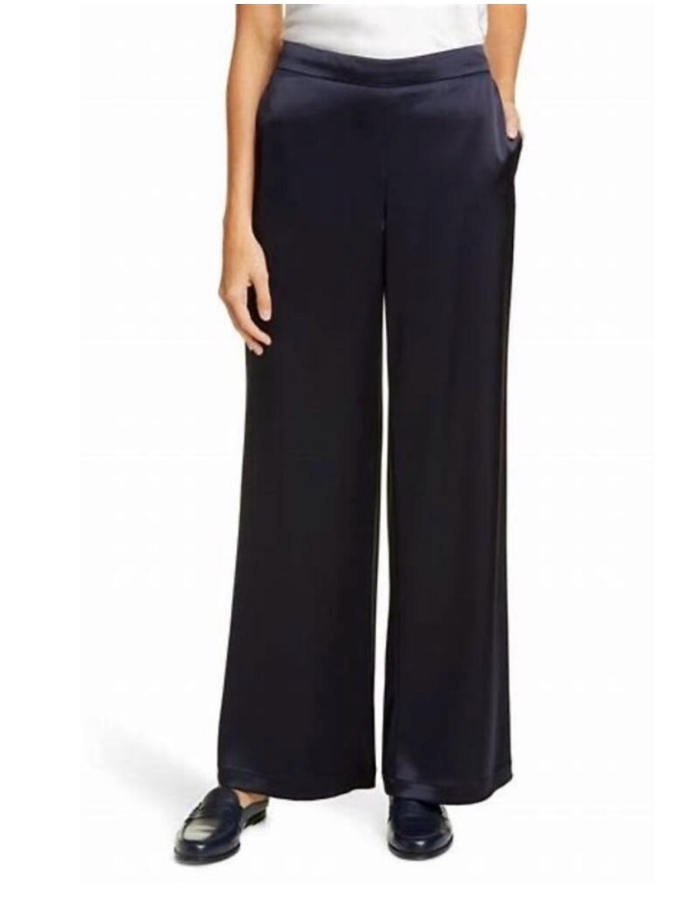 Lafayette 148 New York Silk Elastic Women's Dark Navy Wide Leg Silk Dress Pants